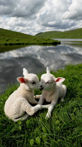 two cute lambs in a countryside meadow