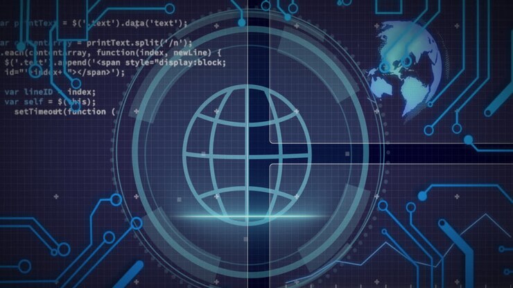 Animation of cyber security text and globe in loading circles, computer language and globe