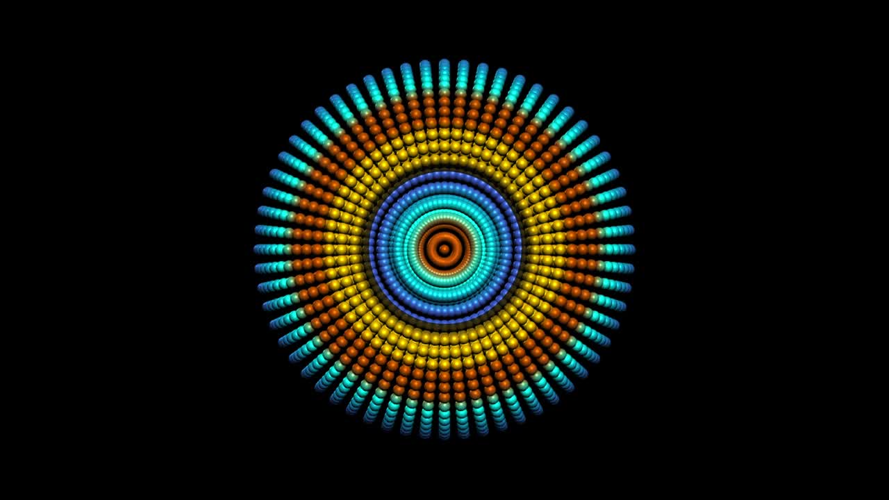 animazione di particelle colorate che sono disposte l'una attorno all'altra in un cerchio su sfondo nero. movimento di fuochi d'artificio astratti colorati, video sfondo animato.