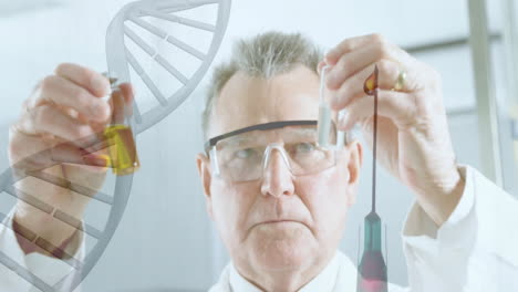 científico examinando tubos de ensayo con cadena de adn y animación de jeringa sobre escena de laboratorio