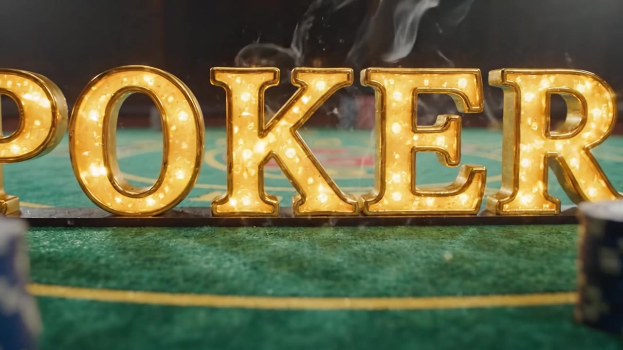 Soirée poker captivante : Un aperçu de jetons de casino éclatants et d'une enseigne de poker illuminée, capturant l'essence de l'excitation du jeu à enjeux élevés.