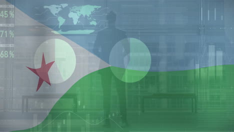 animation of financial data processing over flag of djibouti