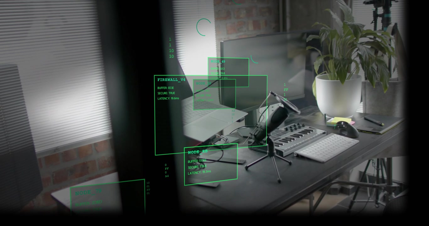 La telecamera si sposta rivelando una scrivania, la mano del produttore che si allunga mentre i riquadri HUD tracciano la configurazione di registrazione