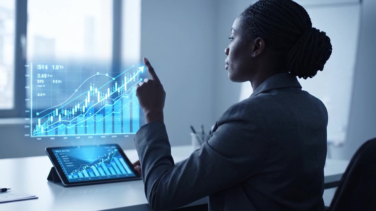 Professional woman analyzing data trends on a tablet in a modern office environment, showcasing insights and growth through digital visualization techniques.