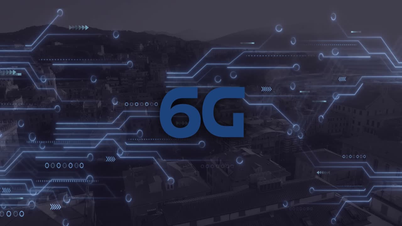 animazione di testo 6g, paesaggio urbano e connessioni