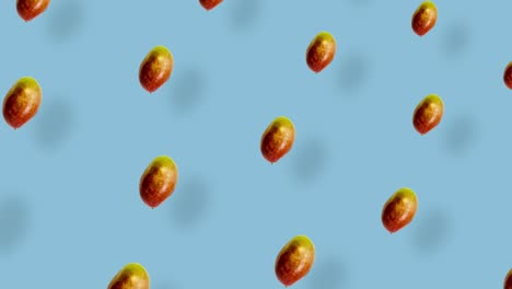 colorful fruit pattern of fresh mango on blue background with shadows. seamless pattern with mango. realistic animation. 4k video motion