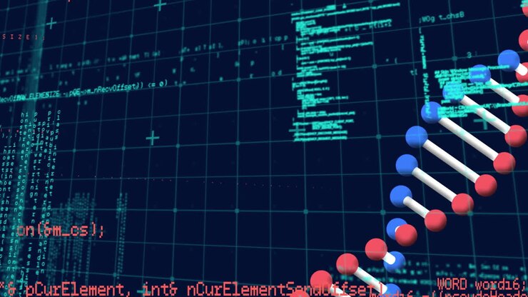 Animazione di filamento di DNA ed elaborazione dati su sfondo nero.