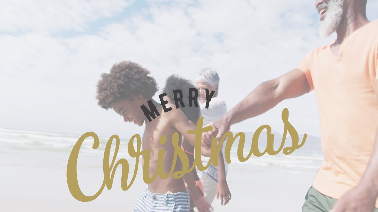 Animation of merry christmas over happy african american grandparents and grandchildren on beach