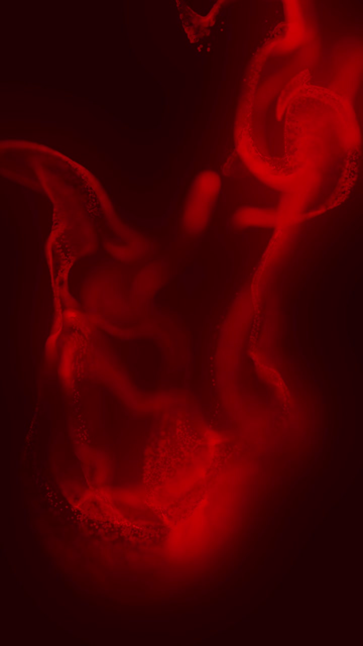 Animazione verticale di un fluido rosso simile a fumo che si muove organicamente su uno sfondo scuro, per progetti medici o artistici.
