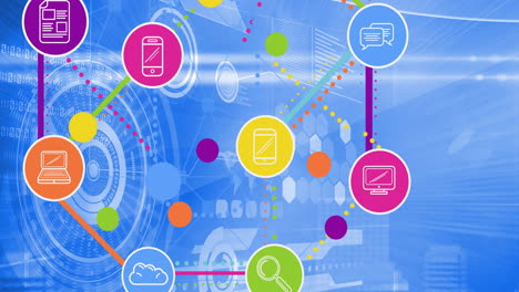 animación de la red de conexiones con iconos digitales sobre el procesamiento de datos en segundo plano