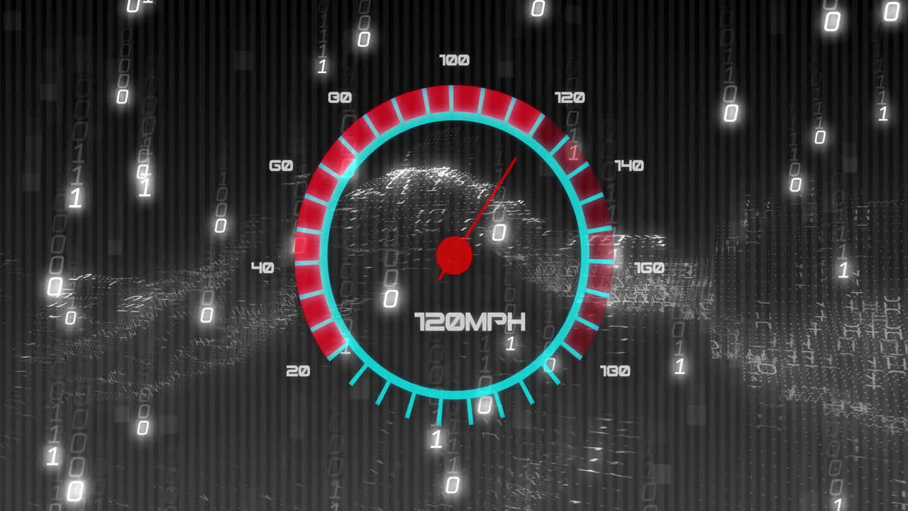анимация спидометра над обработкой данных на черном фоне