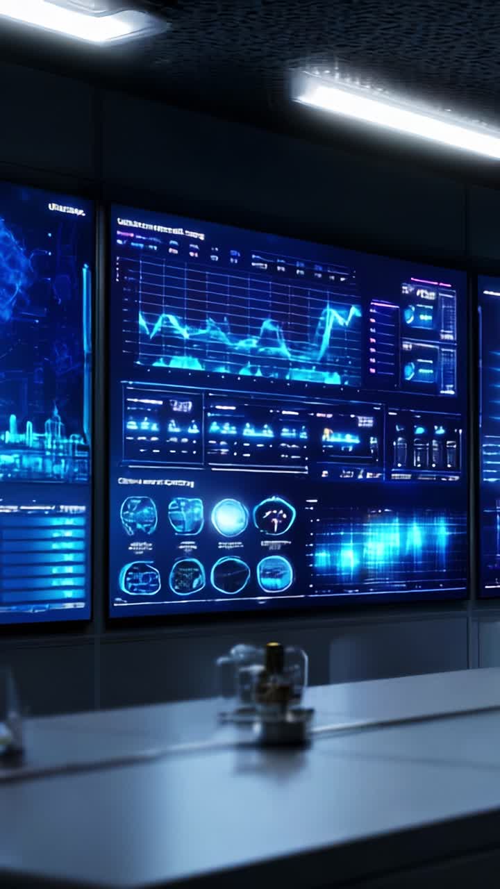 High-tech Control Room Featuring Advanced Data Visualizations and Graphical Interfaces for Monitoring and Analyzing System Performance and Metrics