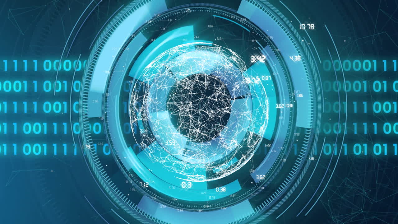 Futuristic digital interface with rotating globe and network connections animation
