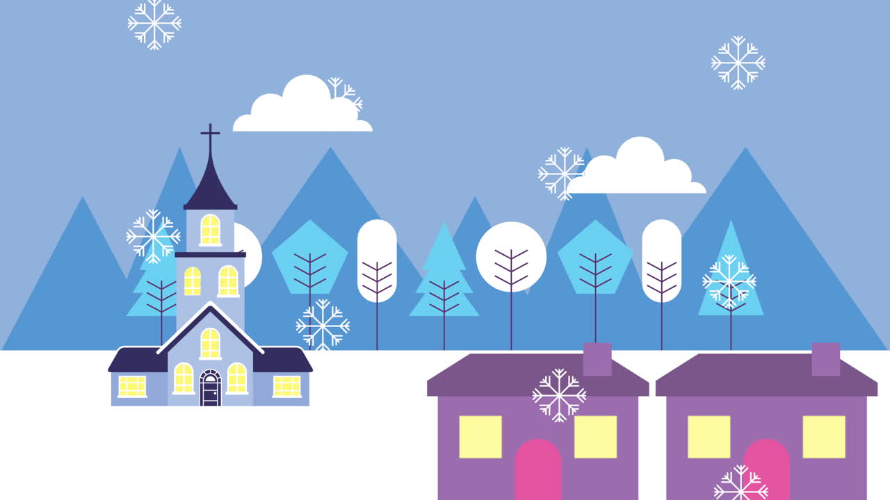 escena de paisaje nevado de invierno con casas e iglesia