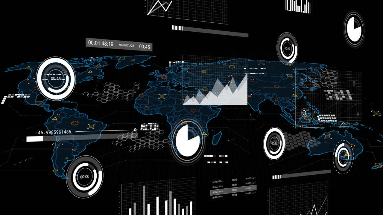 Animation of financial data processing over world map