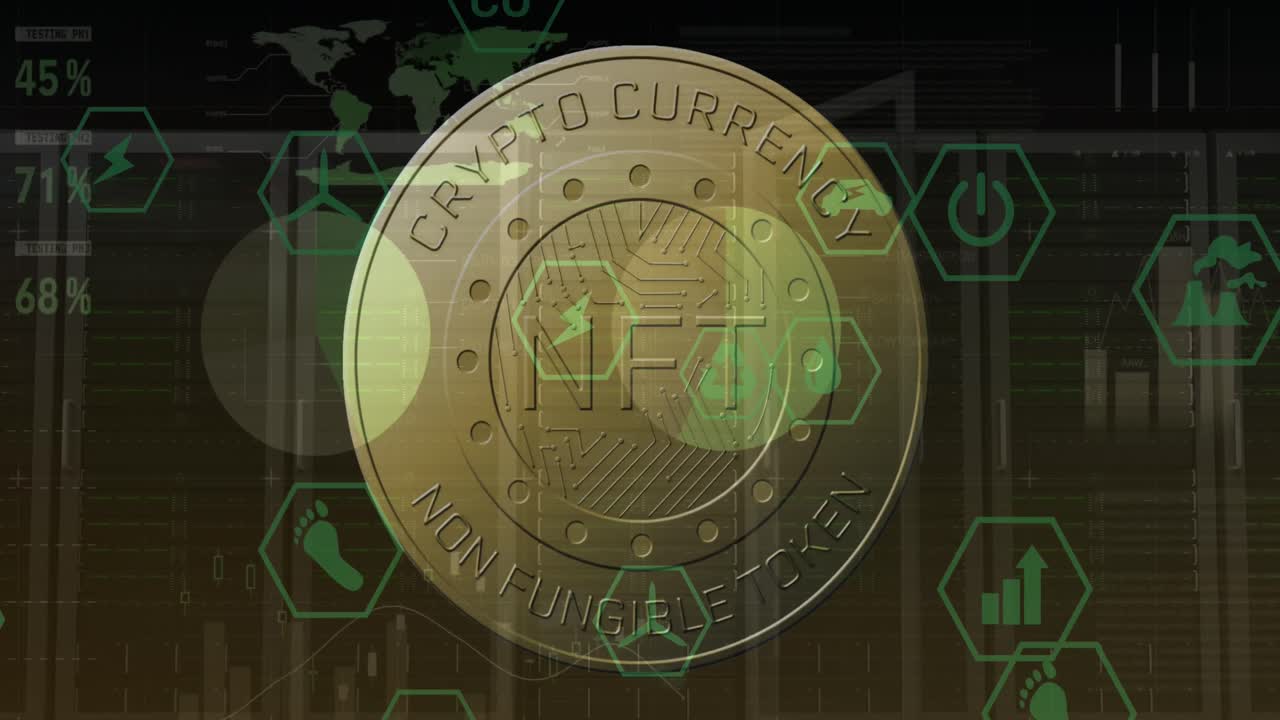 nft, 아이콘 및 그래프를 가진 코인의 애니메이션 서버