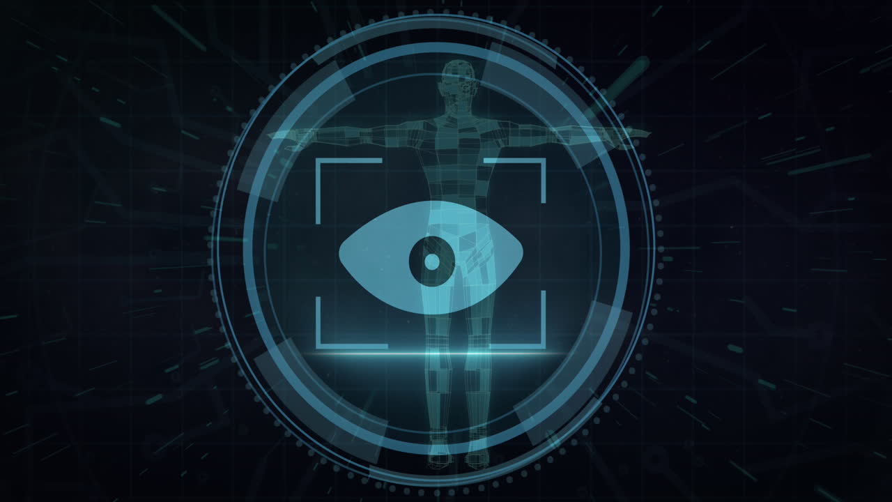 animación del icono del ojo y el cuerpo humano sobre fondo negro