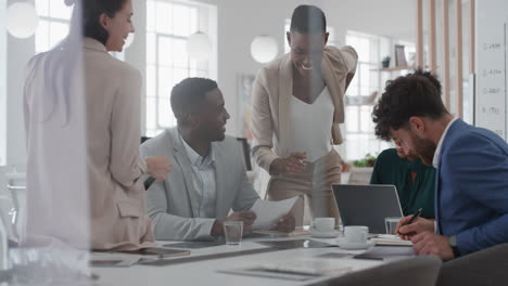 corporate business team meeting african american woman manager brainstorming with colleagues discussing project strategy sharing ideas in office