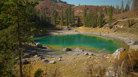 Footage-of-lake-Lago-di-Carezza-in-Italian-Dolomites-In-European-Alps