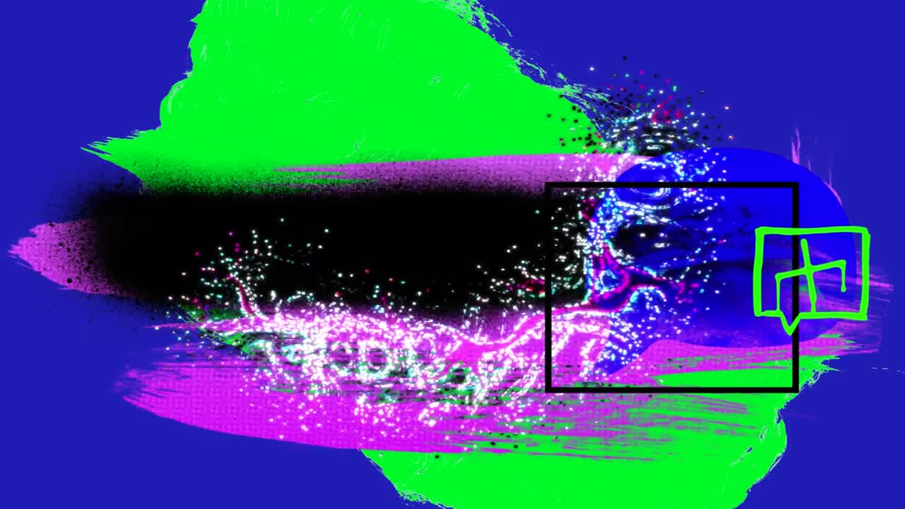 cubos negros desovando con senderos multicolores en un fondo azul