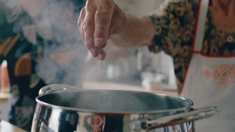 hand of elderly woman adding pinch of salt to pot of boiling water