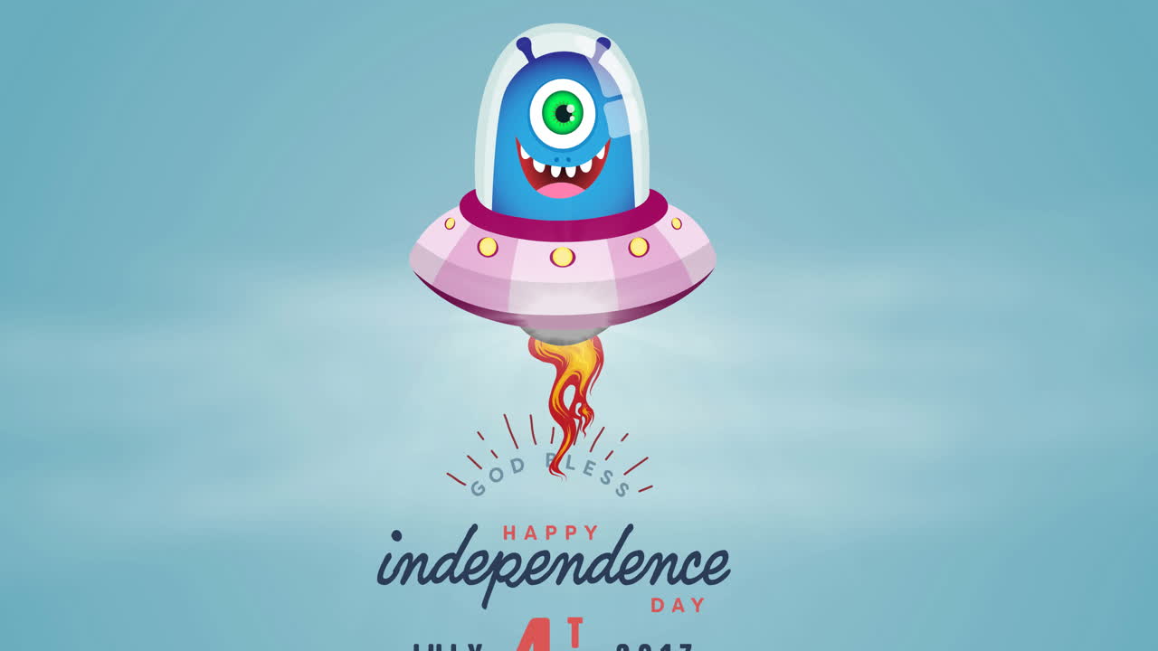 animación del texto del feliz día de la independencia con allien sonriente sobre fondo azul