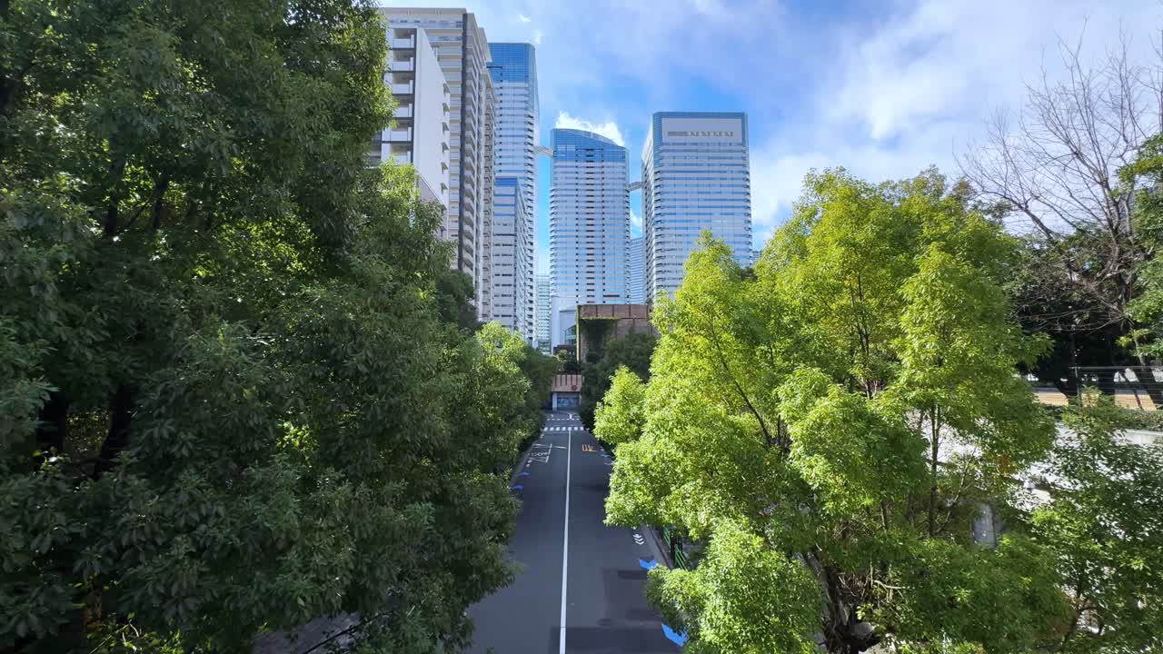 Urban cityscape in Harumi, Tokyo featuring tall buildings and lush greenery