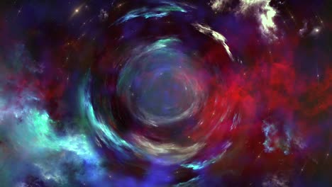 rotating space time dream vortex in red teal nebula clouds