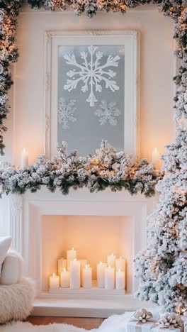 christmas decorated fireplace with candles and snow decor