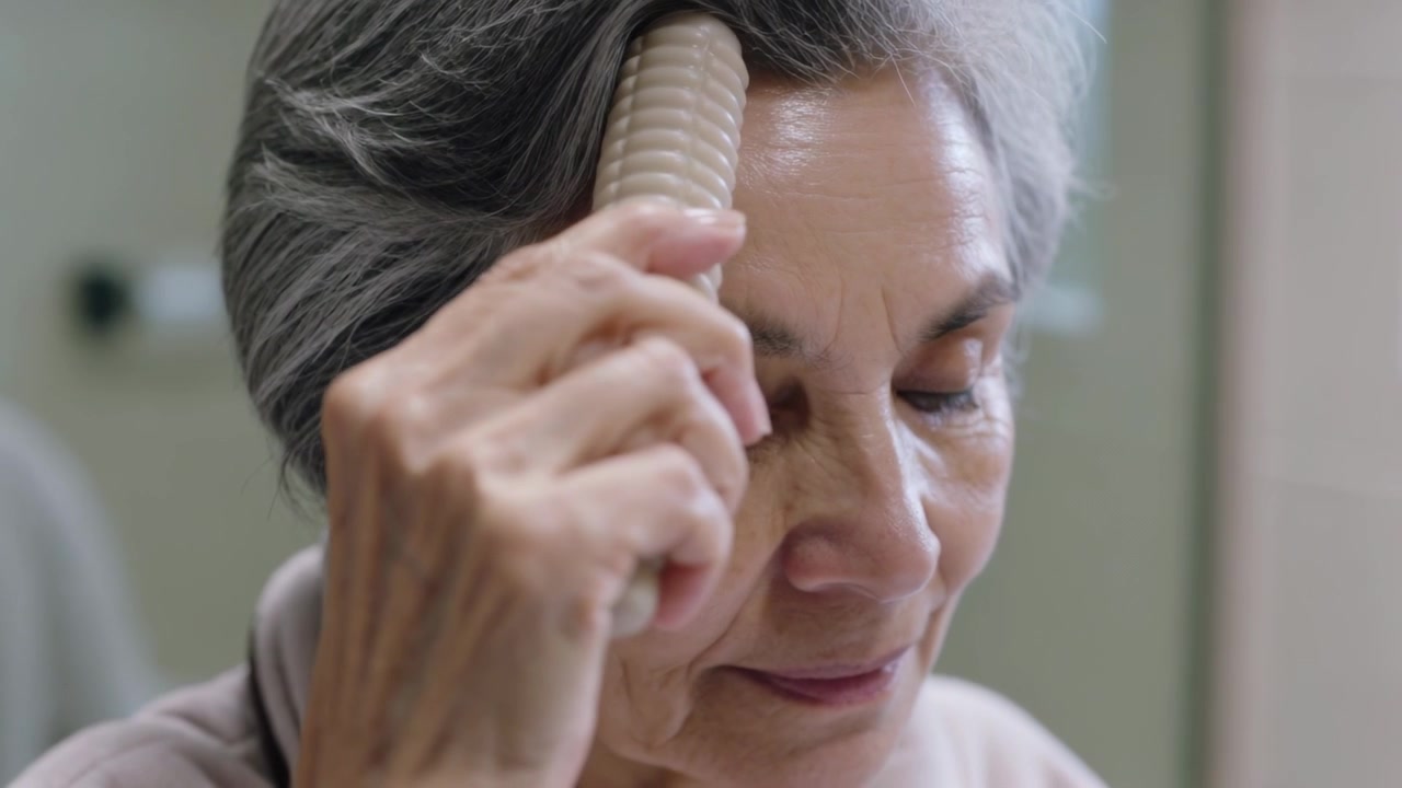 Donna anziana che inizia la routine del viso, indossando un maglione con colletto e facendo scorrere un rullo in bagno, davanti allo specchio.