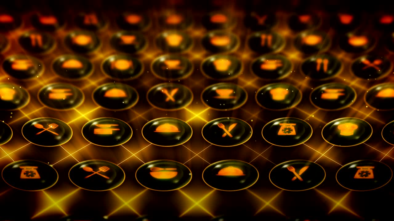 conjunto de iconos de restaurantes, fondo de utensilios de cocina de restaurantes, animación de bucle cg,