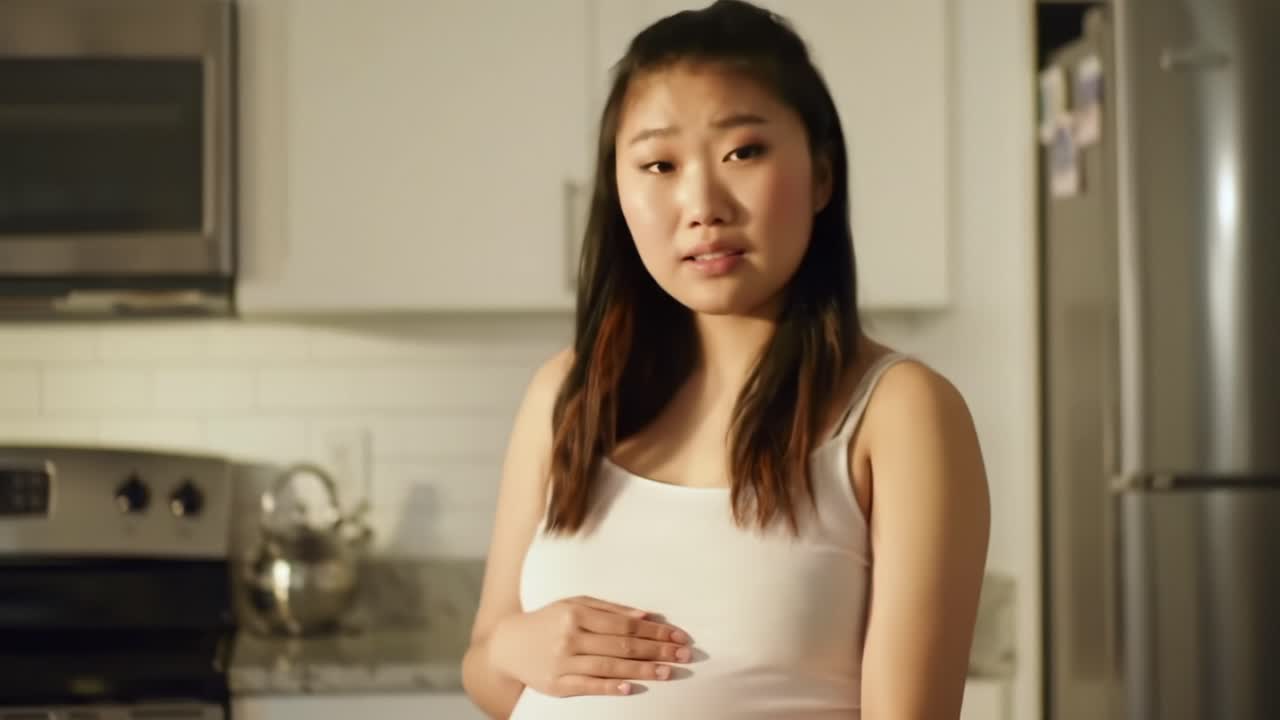 A Reflective Journey: A Young Woman in Her Kitchen, Embracing the Anticipation of Motherhood, with a Calm and Thoughtful Expression as She Touches Her Baby Bump