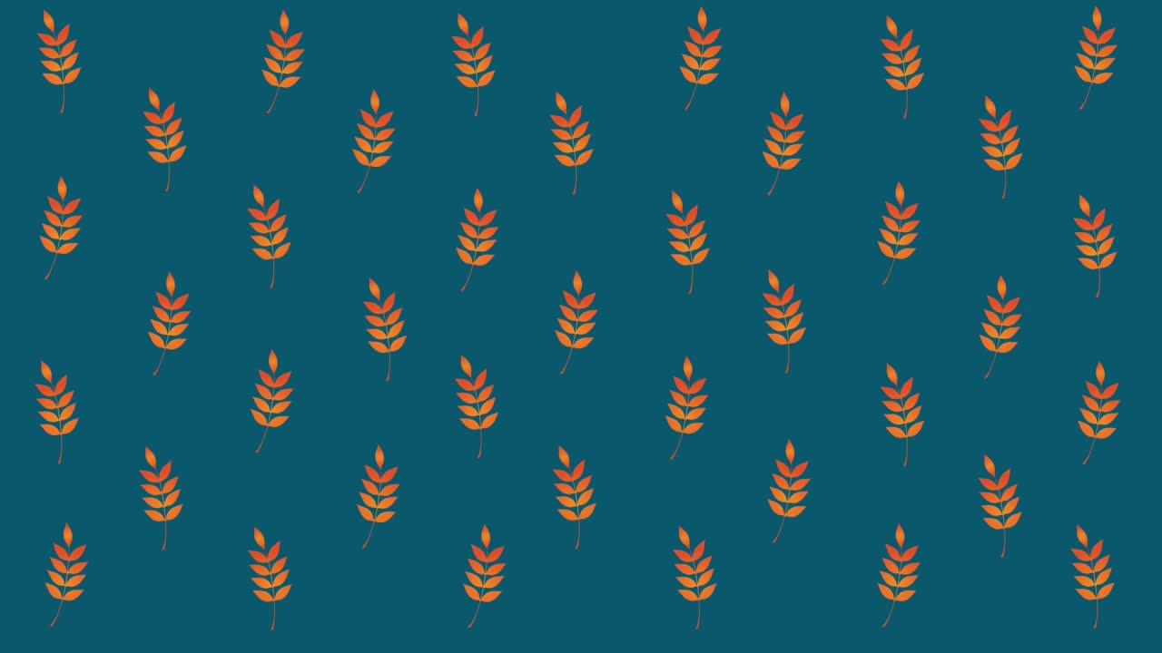 파란색 배경 위에 여러 개의 오렌지색 가을 잎의 애니메이션