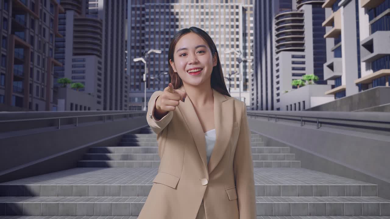 사업가 여성이 시청자를 가리키고 있습니다.