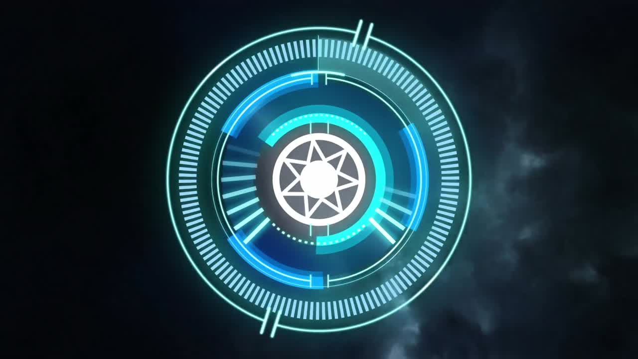 Animation of scope scanning with sun symbol over clouds ans storm on black background