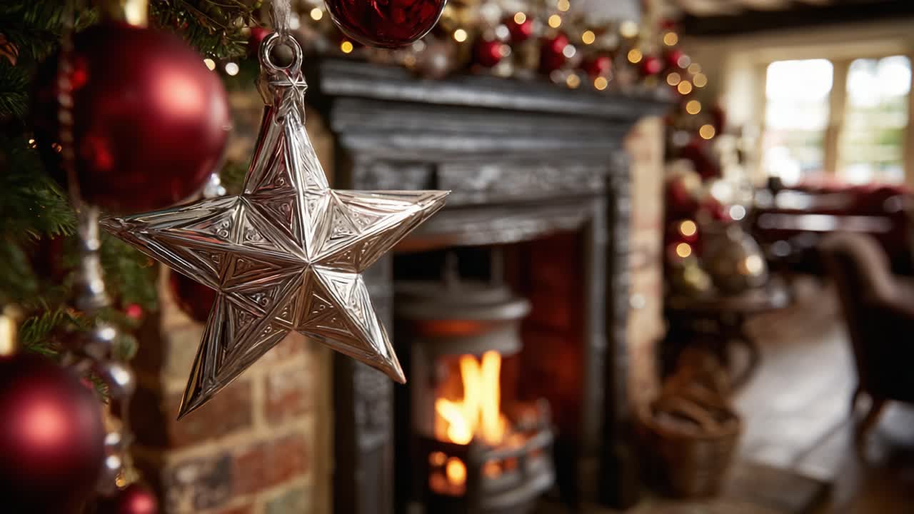 Cozy Fireplace Scene with Festive Decorations: A Close-up of a Silver Star Ornament and Holiday Settings with a Warm Glow from the Fire, Creating a Holiday Atmosphere