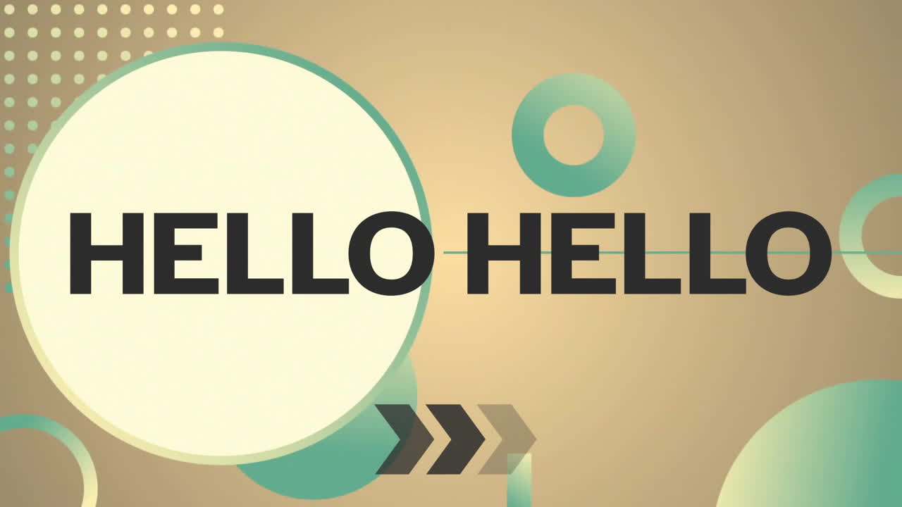 HELLO text animation over geometric shapes on beige background