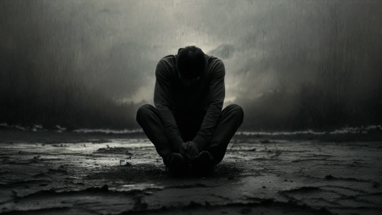 Silhouette of a person sitting on cracked ground, head down, under a gloomy sky