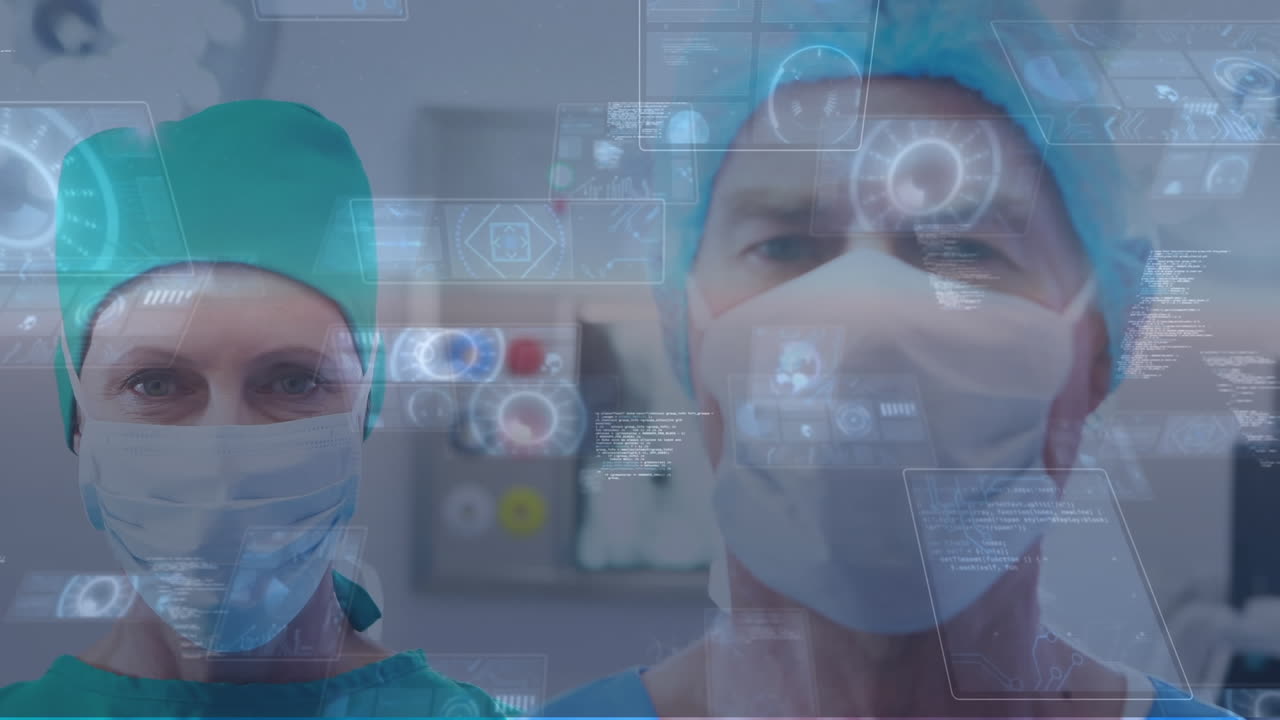 Animação de processamento de dados sobre médico e médica usando máscaras