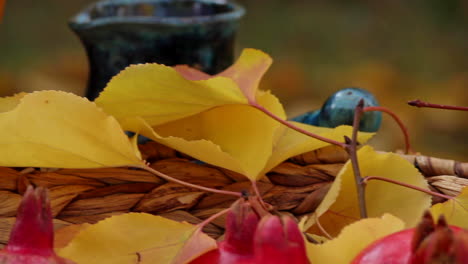 weidenkorb mit roten reifen granatäpfeln und gelben herbstblättern