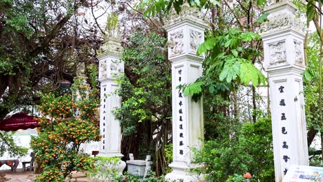 plantas exuberantes y pilares de piedra en el jardín de hanoi