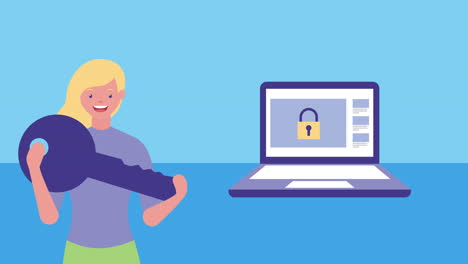 mujer de negocios con llave y portátil personaje avatar