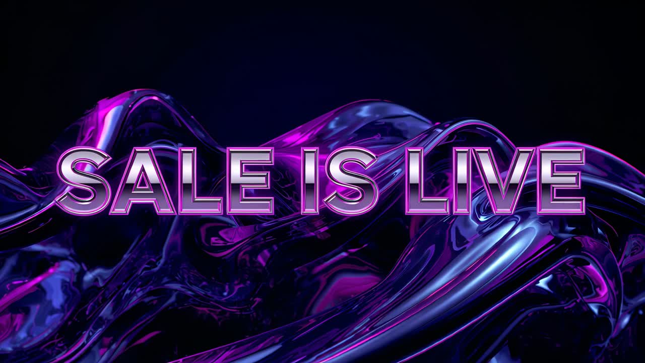 Launching promo, glossy ribbon shifting behind headline SALE LIVE on dark stage, highlighting sale