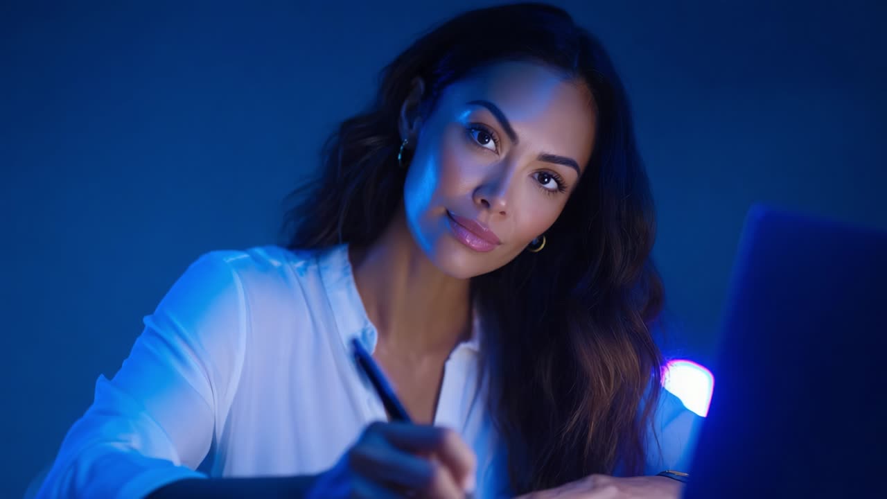 A focused professional woman engaged in writing and reflecting in a dimly lit environment, with a laptop and soft blue lighting, emphasizing creativity and concentration at work