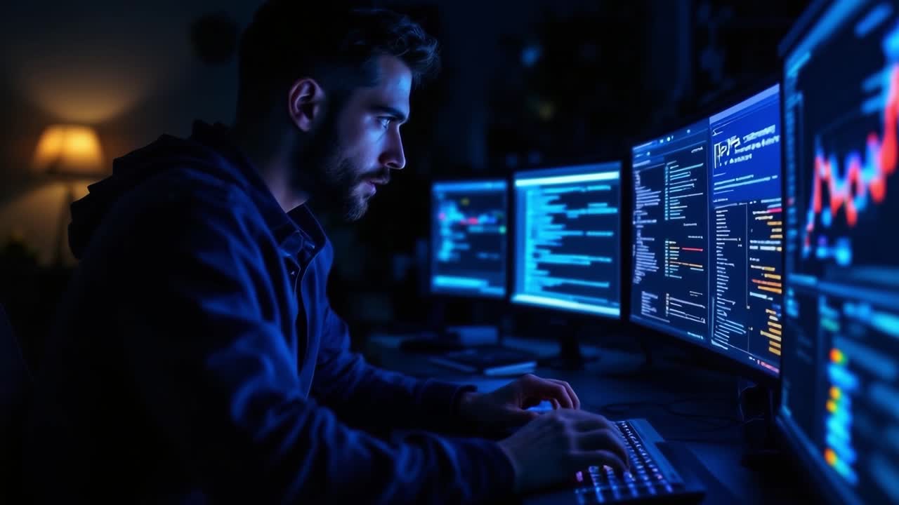 Focused computer programmer developing new software by night, typing on keyboard and looking at multiple monitors showing lines of code