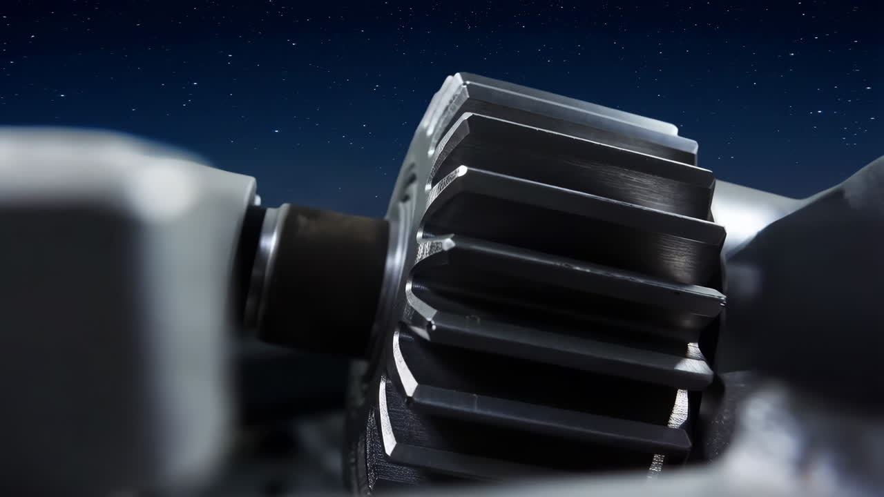 Close-up of a metal gear against a starry night sky