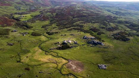 Aerial-descend-dolly-above-meander-river-water-spreading-across-segundera-mountains-zamora-spain