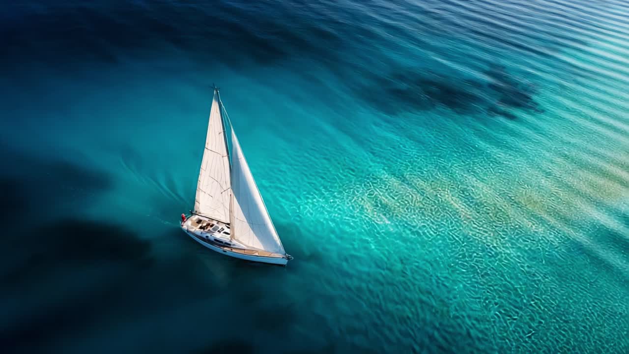 A tranquil scene of a beautiful sailboat gracefully gliding across crystal-clear waters, showcasing the serene beauty of nature and the art of sailing in perfect harmony