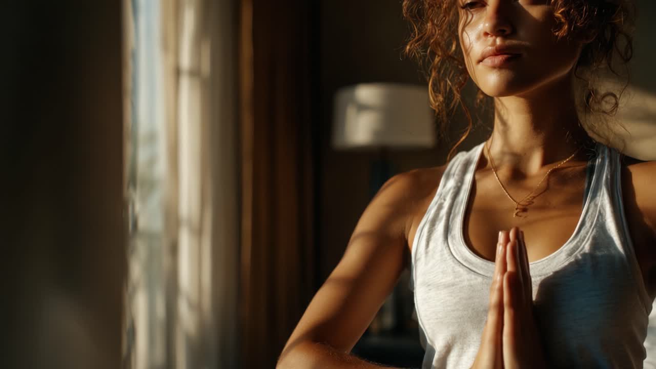 Un Momento Sereno di Consapevolezza: Catturare l'Essenza della Pace Interiore e della Meditazione Attraverso la Posa Aggraziata di una Donna in Morbida Luce Naturale
