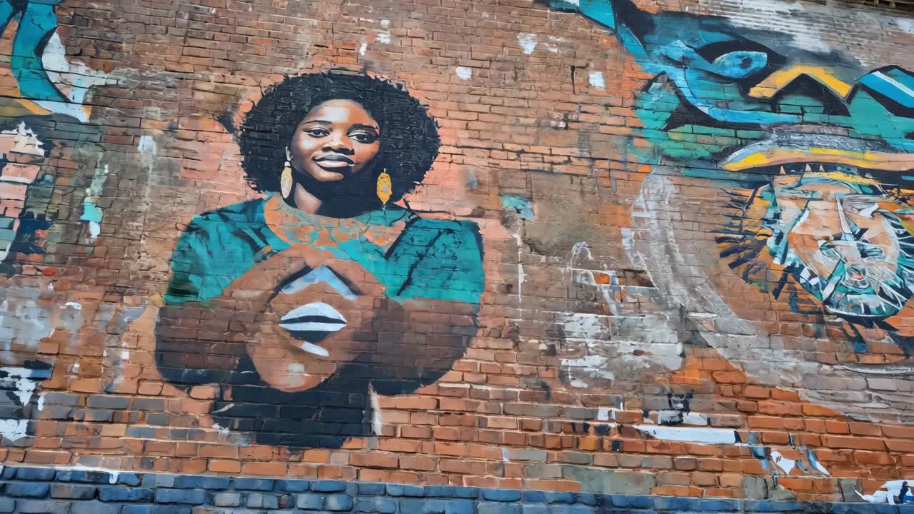 Murales graffiti di una donna su un muro di mattoni.